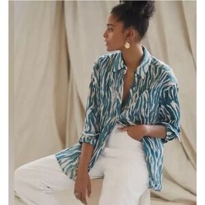 Anthropologie‎ Pilcro Smocked Button Down Oversized Blouse XS Green Boho Peasant